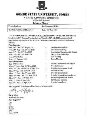 GSU adjusted academic calendar for 100L students, 2021/2022 - Myschool