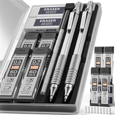 Nicpro Mechanical Pencils Set,Metal Automatic Drafting Pencil 0.5 Mm&0. ...