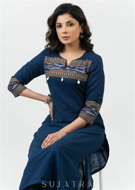 Stylish Navy Blue Cotton Ikat Combination Kurta - Pant Optional – Sujatra