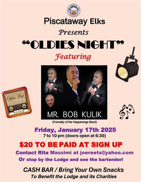 OLDIES NIGHT, Elks Lodge, Piscataway, 17 January 2025 | AllEvents