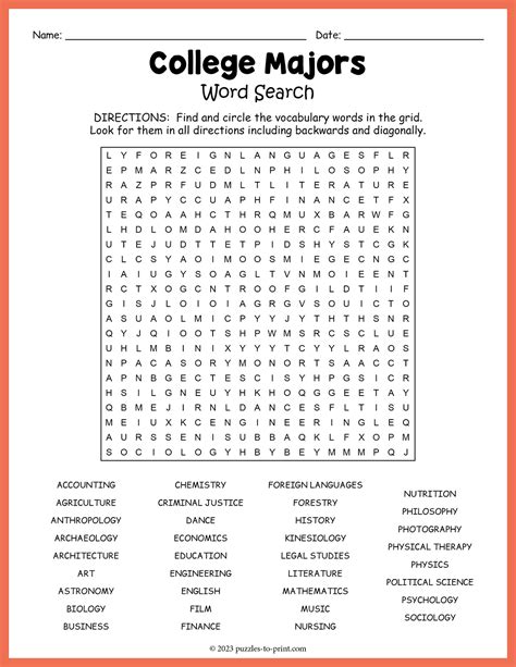 College Majors Word Search