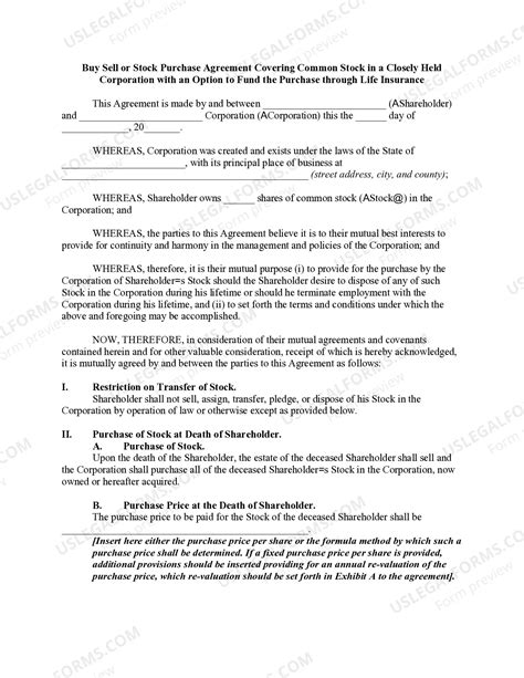 Puerto Rico Buy Sell or Stock Purchase Agreement Covering Common Stock ...