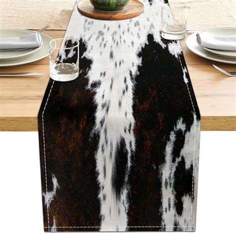 Linen Cow Print Table Runner 13x71 Inch Farmhouse Western Brown Black ...