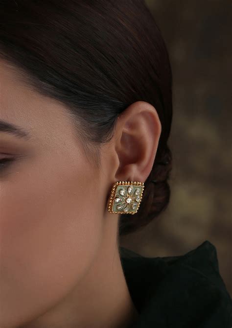 Dopehri Sea Green Meenakari Square Polki Studs Earrings – Vamika Silver ...