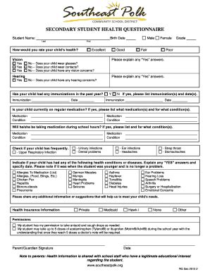 Fillable Online southeastpolk SECONDARY STUDENT HEALTH QUESTIONNAIRE ...