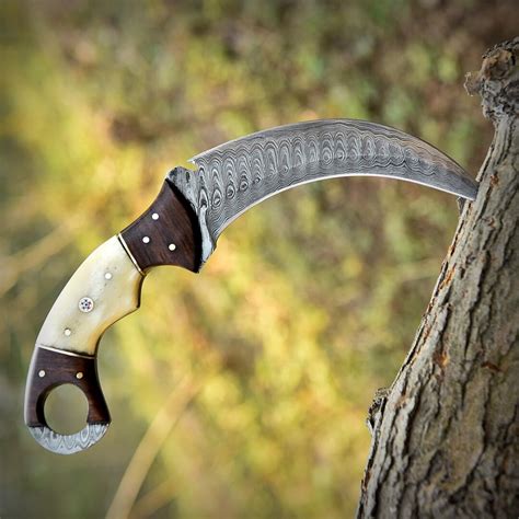 Damascus Steel Curved Knife - Ergonomic Hunting Blade Unique Display ...