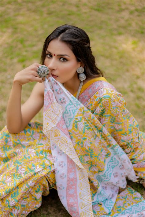 Rapid gadh Yellow Hand Block Print Pure Cotton Saree – Jaipur Tex