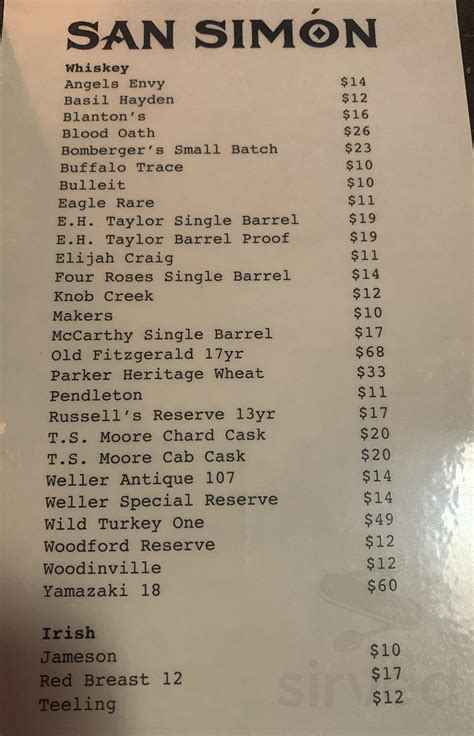 San Simón menu in Bend, Oregon, USA