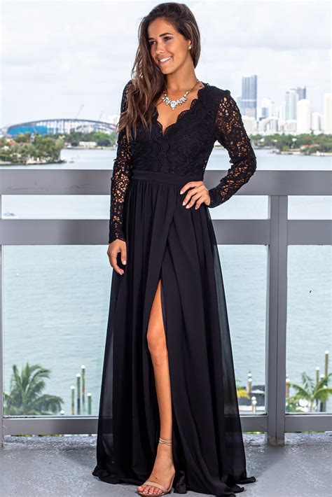Black Maxi Dress with Long Sleeves | Lace top maxi dress, Maxi dress ...
