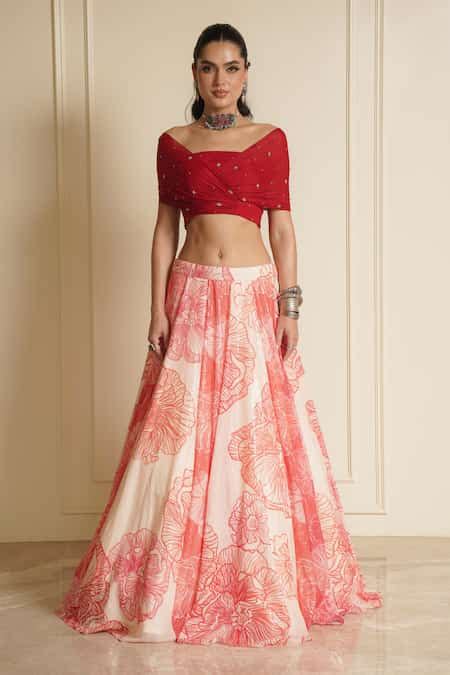 Buy Cream Crepe Embroidery, Beads, Pearls Floral Fusion Print Lehenga ...