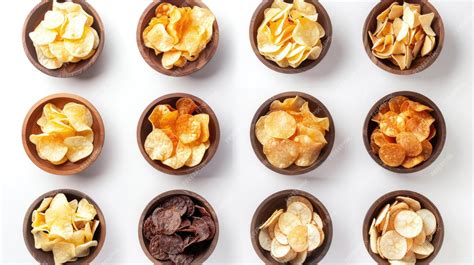 Different types of chips in bowls on a white background | Premium AI-generated image