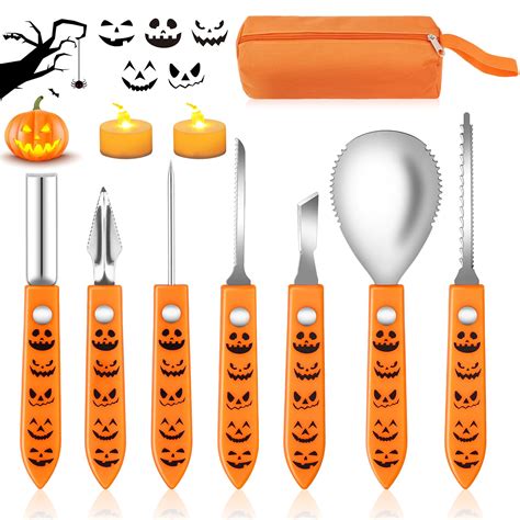 TOGOU2S Pumpkin Carving Kit with Stencils and 2 LED Candle Lights ...