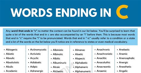 Words Ending In C | Useful List of 800+ Words that End in C • 7ESL