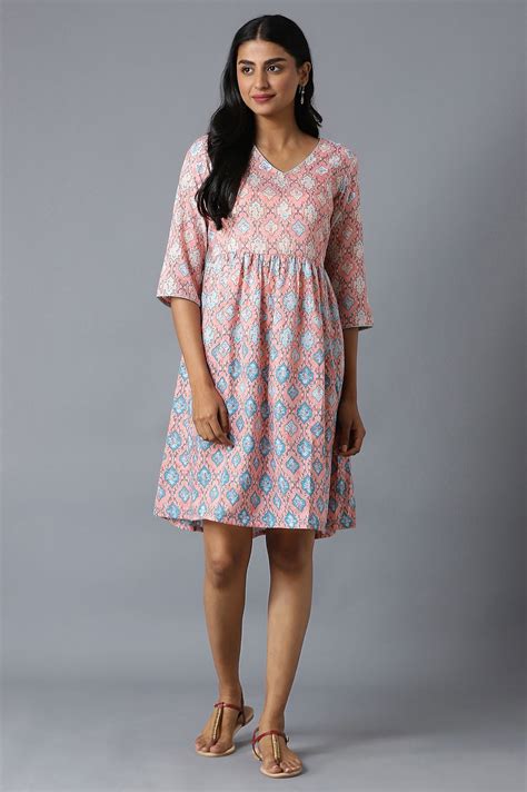 Buy Peach Flared Dress In Floral Print And V-Neck Online for Woman ...