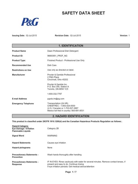Safety Data Sheet for Dawn Professional Dish Detergent | PDF | Personal ...