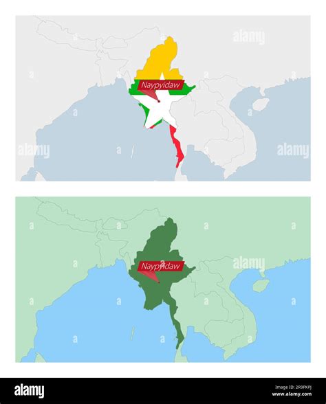 Myanmar map with pin of country capital. Two types of Myanmar map with neighboring countries ...