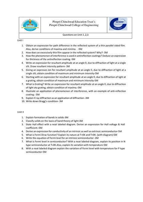 Questions of Interference and diffraction, semiconductors, Laser and ...