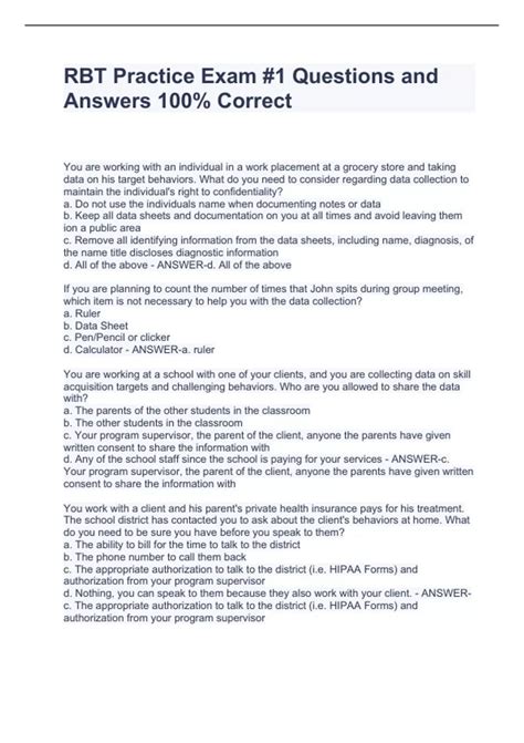 RBT Practice Exam #1 Questions and Answers 100% Correct - Rbt - Stuvia US