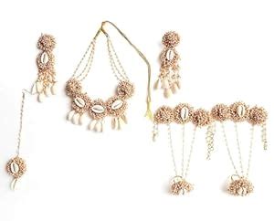 Buy NMII Designer Kaudi Shell & Moti Pearls Gajra Jewellery Set For ...