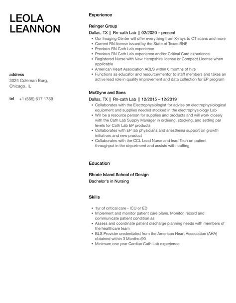 Rn-cath Lab Resume Samples | Velvet Jobs