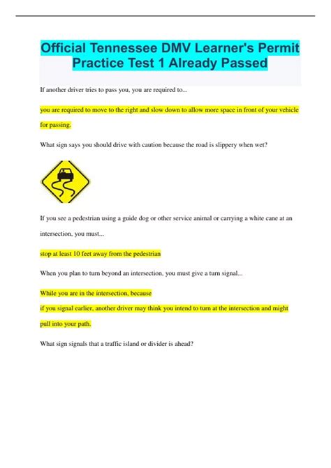 Official Tennessee DMV Learner's Permit Practice Test 1 Already Passed ...