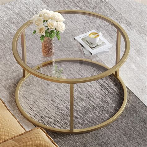 Arrow Crafts Glass Coffee Table Round Gold Coffee Table for Small Space ...