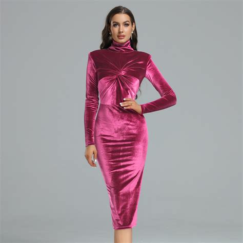 Velvet High Neck Midi Bodycon Dress ZNSJ603 | Wolddress – wolddress