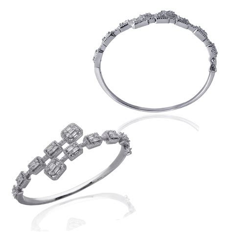 92.5 Silver Bracelet Over Lapping Choki Baguettes CZ In White Gold ...