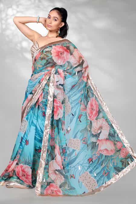 Buy Blue Georgette Sequins Floral Digital Pattern Saree With Unstitched ...