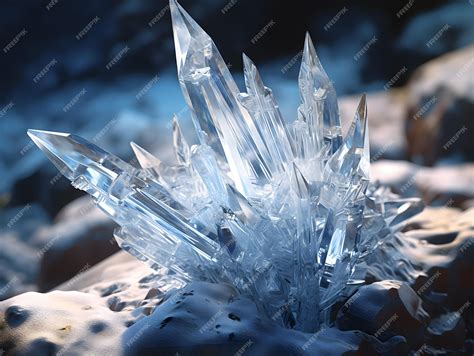 Premium Photo | Ice crystal on the rock on black background with light ...