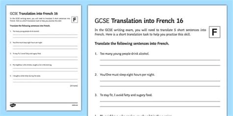 GCSE French: Translation into French Foundation Tier Worksheet / Worksheet