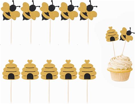 Buy Hasken 50 Pack Bee Cupcake Toppers Glitter Bumble Bee Cupcake ...