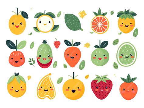 Cute funny cartoon fruit apple strawberry watermelon pineapple peach ...