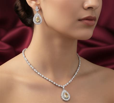 925 Sterling Silver Yellow Pendant Necklace with Earring Set Studded W ...