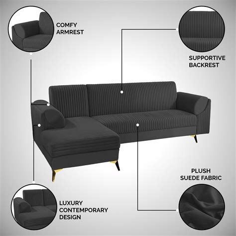 Buy Venice 6 Seater Sofa Right Corner Plush Suede Fabric Black