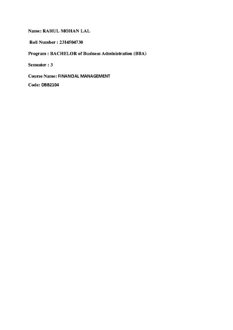 DBB2104 - Financial Management - Name: RAHUL MOHAN LAL Roll Number ...