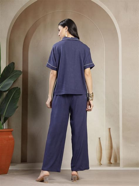 Gipsy Navy Linen Co-ord Set with Monotone Embroidery and Turn-Up Sleev