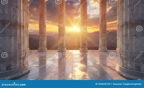 The façade of a masonry building, with four Greek adorning its entrance, under a clear blue sky