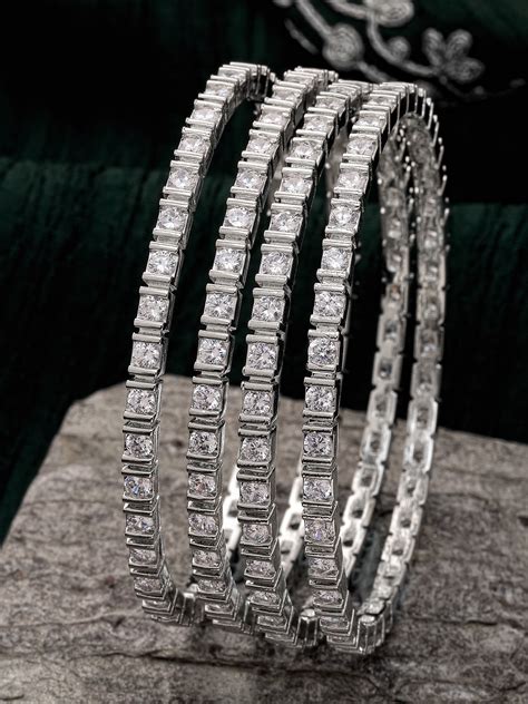 Karatcart Silver Plated Set of 4 Round American Diamond Studded Bangle