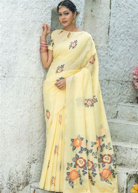 Exclusive Yellow Color Linen Printed Indian Saree For Cocktail Party ...