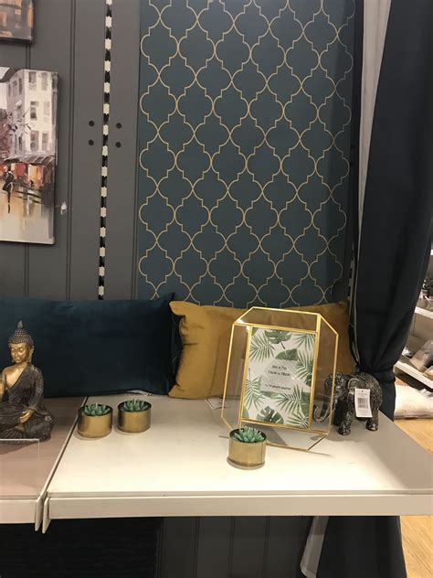 B&Q display in grimsby! Geometric navy wallpaper, love these colours together navy and ...
