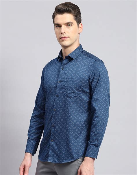 Buy Men Navy Blue Printed Collar Neck Full Sleeve Shirt Online in India ...