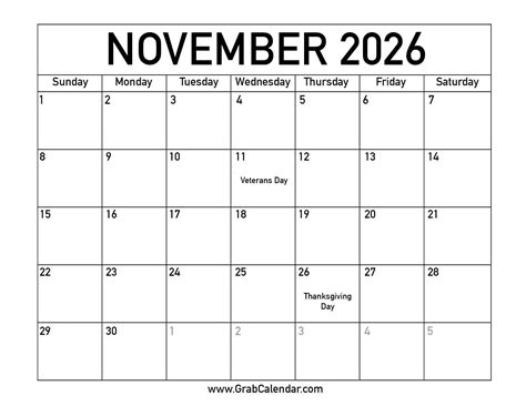 November 2026 Calendar With Holidays - Free Printable Templates