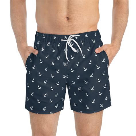 Navy Blue with White Anchors Swim Trunks, Men's Nautical Bathing Suit ...