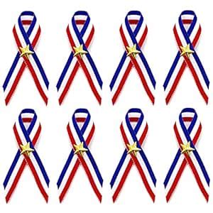 50 Bulk Patriotic Decorations Red White Blue Pins Ribbons with Star 4th ...