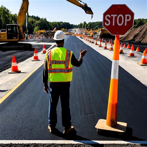 A construction worker stands in front of a stop sign | Premium AI ...