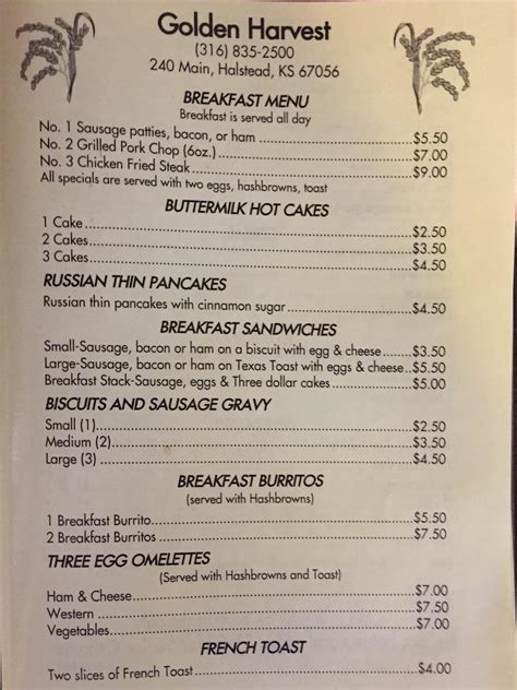 Menu at Golden Harvest Restaurant, Halstead