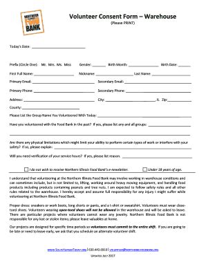 2017 IL Northern Food Bank Volunteer Consent Form - Blank Fillable ...