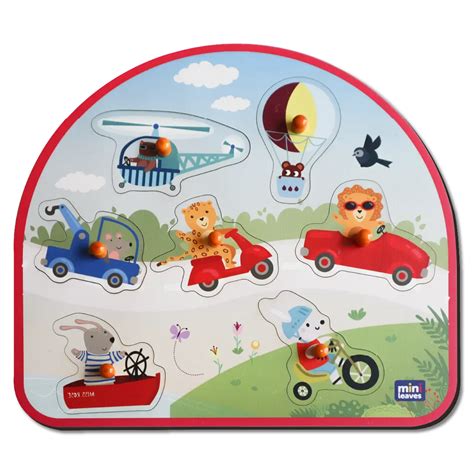 Vehicles On the Go Knob and Peg Wooden Puzzle – Mini Leaves