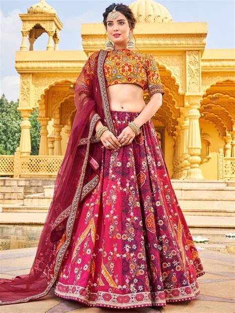 ⚡️Buy Stunning Dark Pink Digital Printed Silk Wedding Wear Lehenga ...